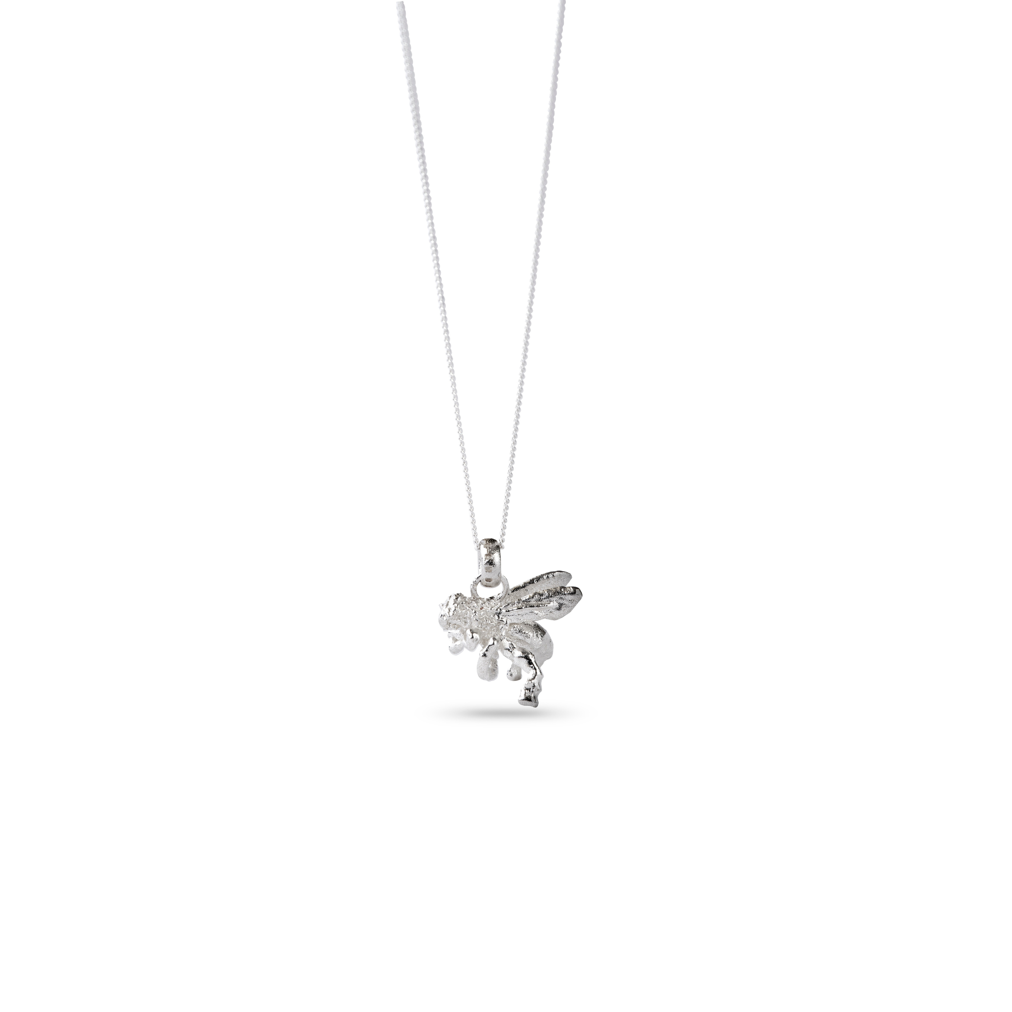 Silver bee pendant necklace on a white background