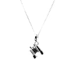Load image into Gallery viewer, Silver binocular pendant on a chain against a white background
