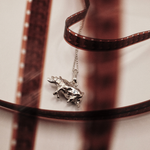 Load image into Gallery viewer, A silver rhino pendant necklace on a delicate chain, styled with a dark brown film strip on a warm off-white background.
