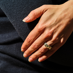 Load image into Gallery viewer, Hand wearing a silver ring on a dark fabric background
